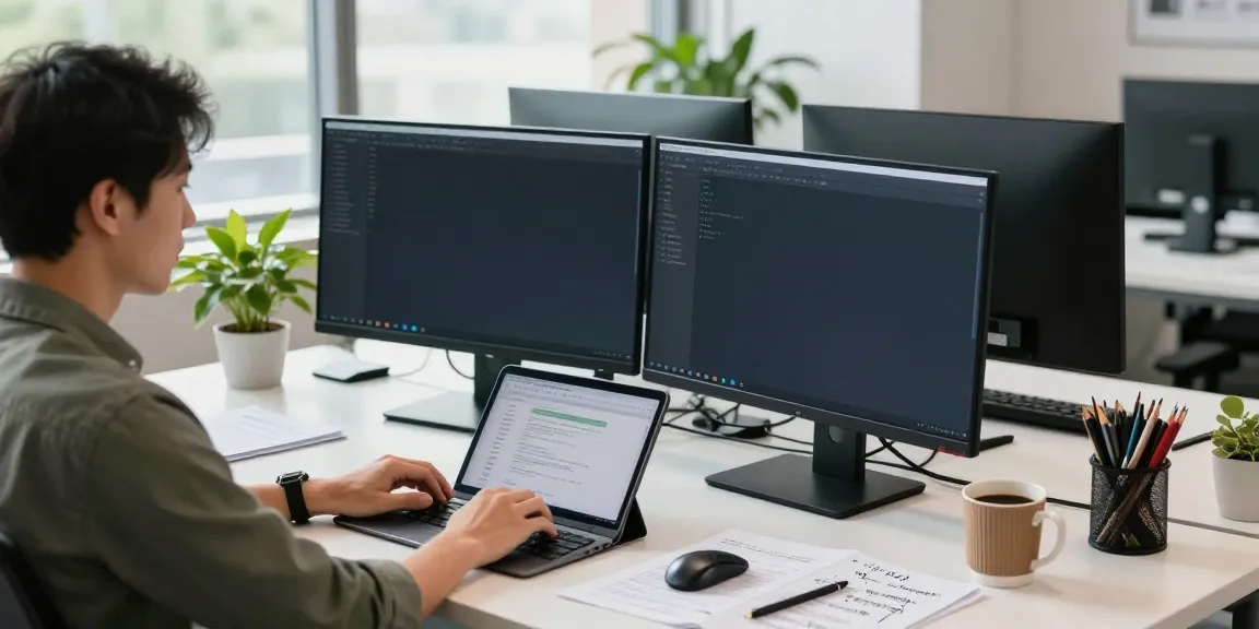 Developer programming apk applications in a vibrant tech workspace