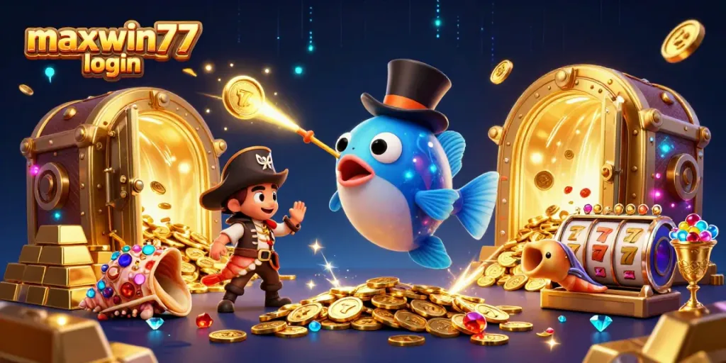 Spin to win with maxwin77 login, featuring an anglerfish and treasure in a vibrant casino scene.