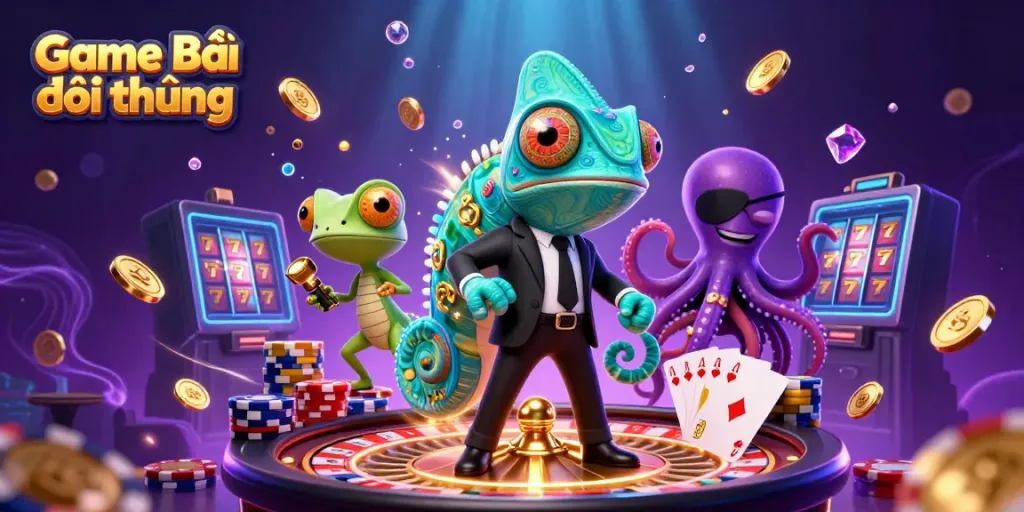 Experience dynamic gameplay and excitement in Game Bài Đổi Thưởng with vibrant illustrations and rich casino elements.