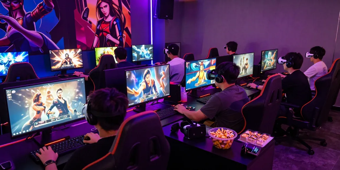 Excited players enjoying porn games at a gaming setup with vibrant graphics and atmosphere.