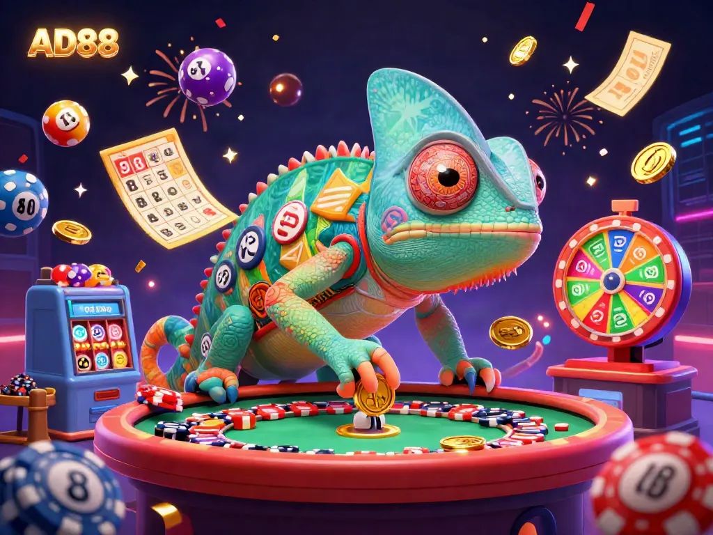 Engage with the AD88 casino experience featuring vibrant games and a playful chameleon owner in an electrifying atmosphere.
