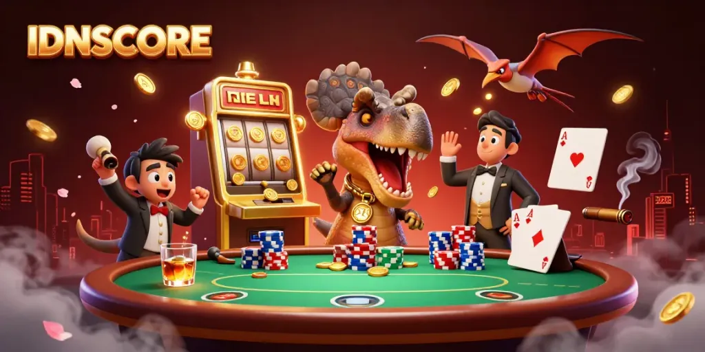 Experience thrilling play at IDNSCORE with a cartoon dinosaur winning coin jackpots at a lively casino scene.