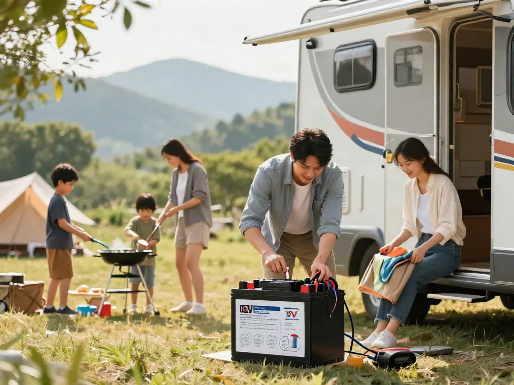 Family enjoying camping with a 12V battery setup, highlighting outdoor adventure.