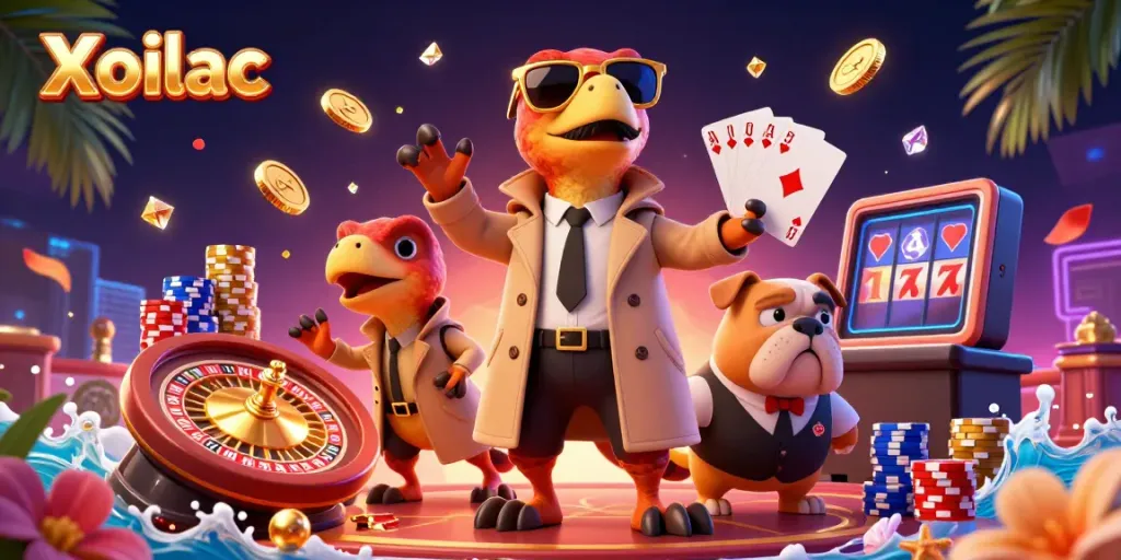 Experience the excitement of Xoilac in a vibrant casino scene filled with golden coins and festive vibes.