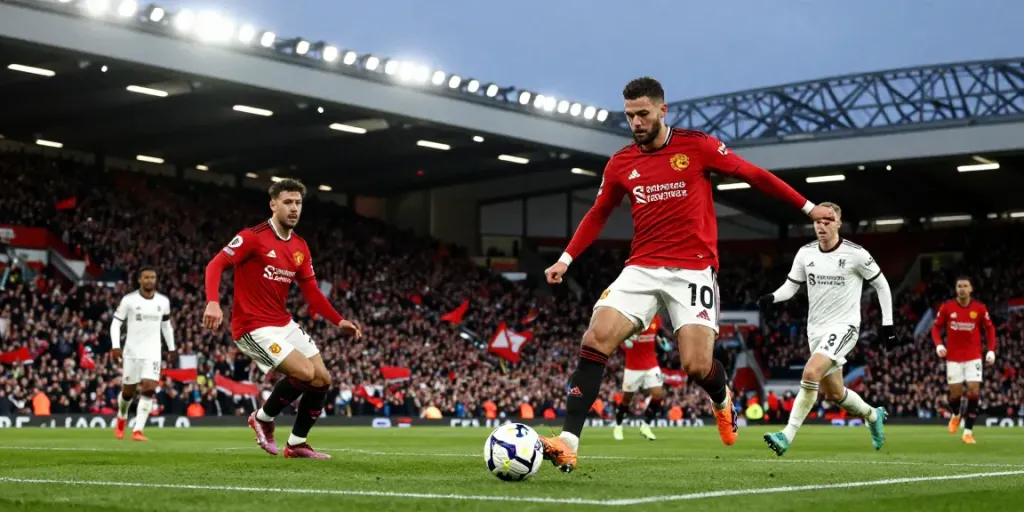 แมนยู vs ลิเวอร์พูล 10 นัดล่าสุด capture of Manchester United player striking the ball during a heated match with Liverpool, showcasing intense rivalry and stadium energy.