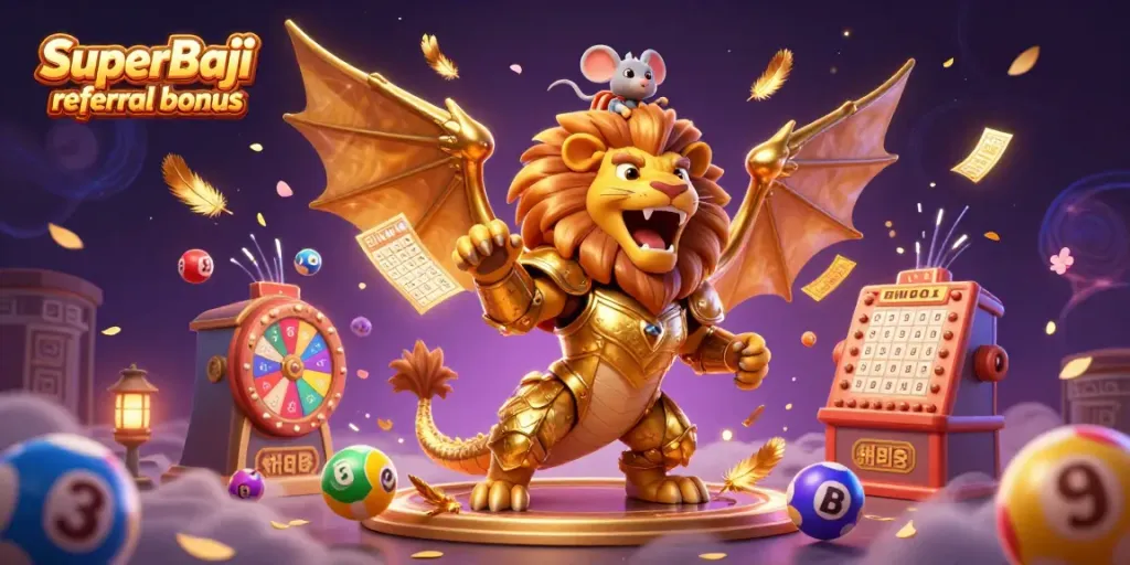 Explore SuperBaji referral bonus rewards with vibrant 3D characters and colorful casino elements.
