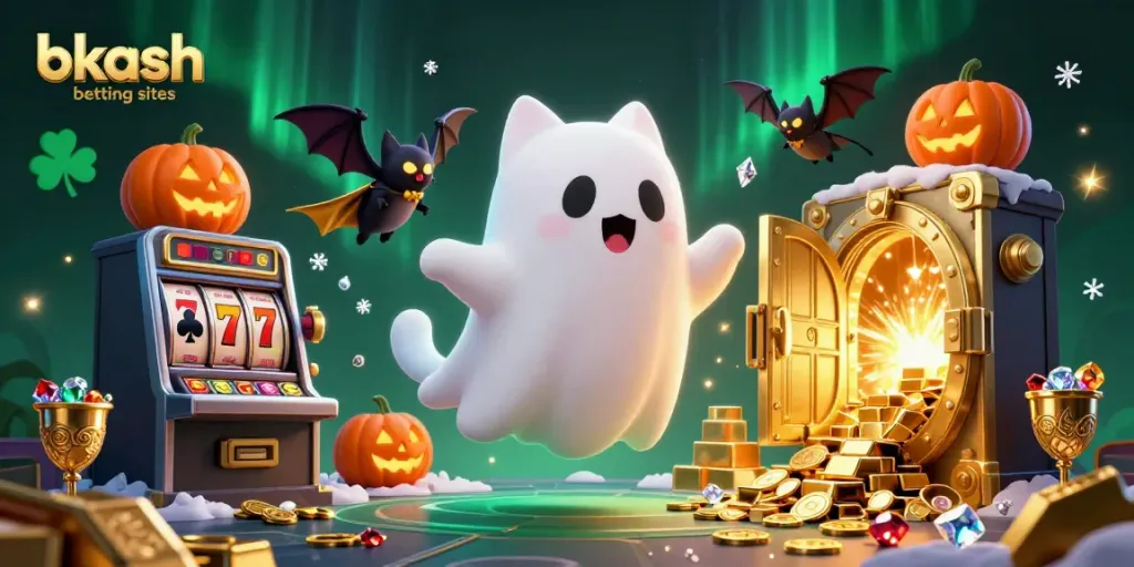 Experience thrilling gameplay on bkash betting sites with a friendly ghost cat and treasures in a casino.