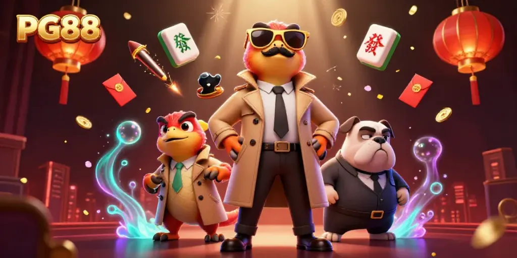 Experience PG88's dynamic VIP casino scene with raptors in disguise and a vigilant bulldog bouncer.