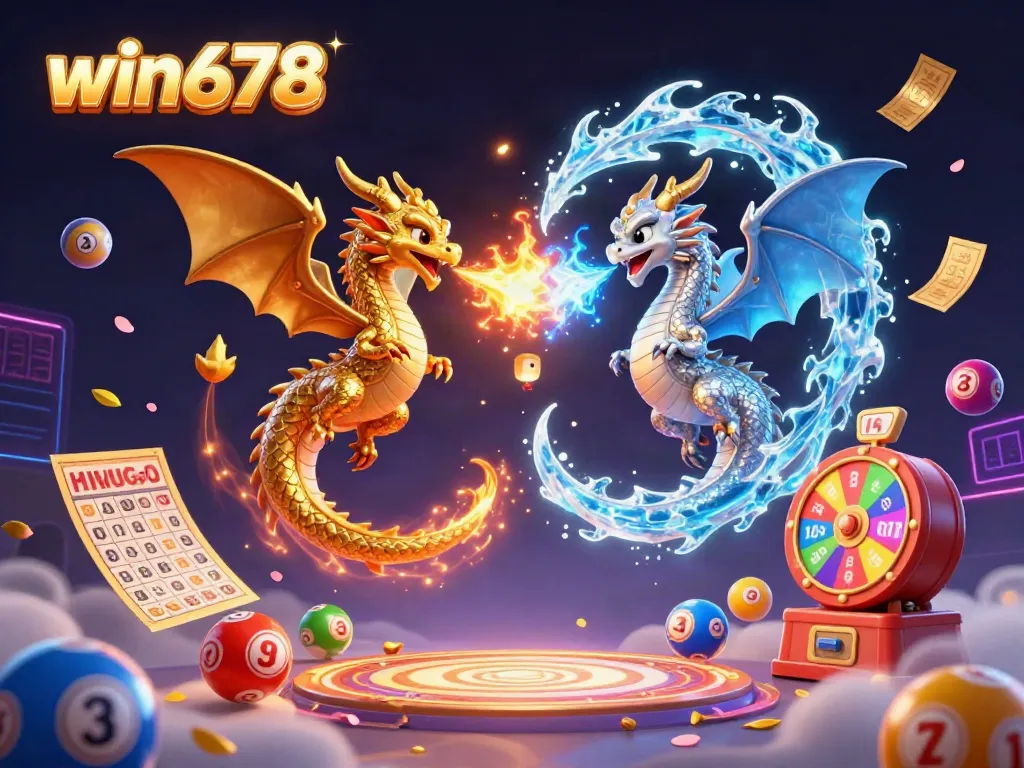 Experience the excitement of win678 as twin dragons embody fire and ice amidst vibrant gaming elements.
