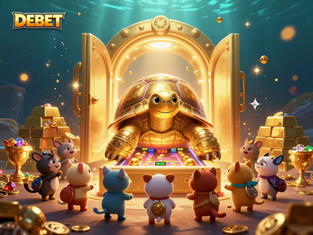 DEBET's exciting gaming world with a colossal tortoise pinball machine and treasures.