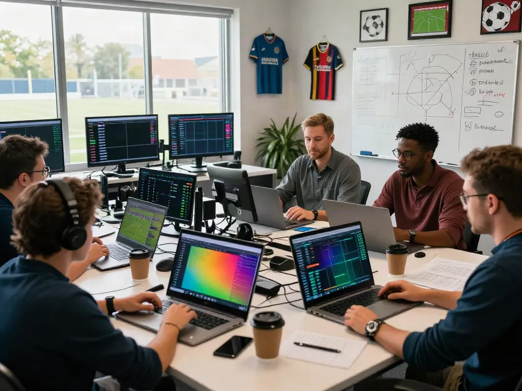 Diverse team analyzing statistics and player rankings for TOP10 สโมสร in dynamic sports office.