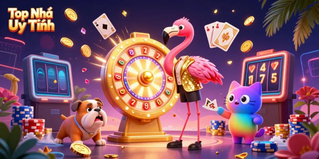 Engage with Top Nhà Cái Uy Tín as vibrant 3D characters celebrate casino wins amidst cascading coins and lights.