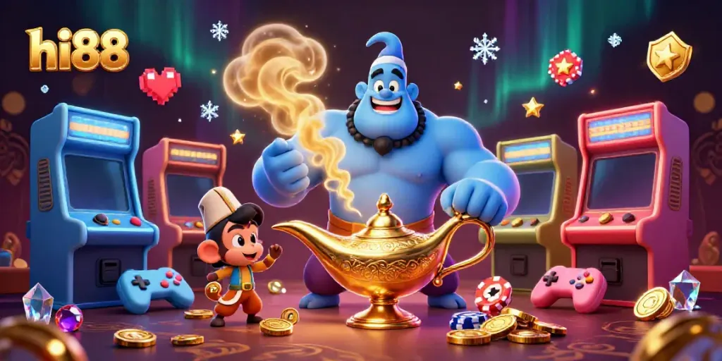 Engage with hi88's thrilling casino experience featuring a whimsical genie, magical monkey, and treasure-filled carpet.