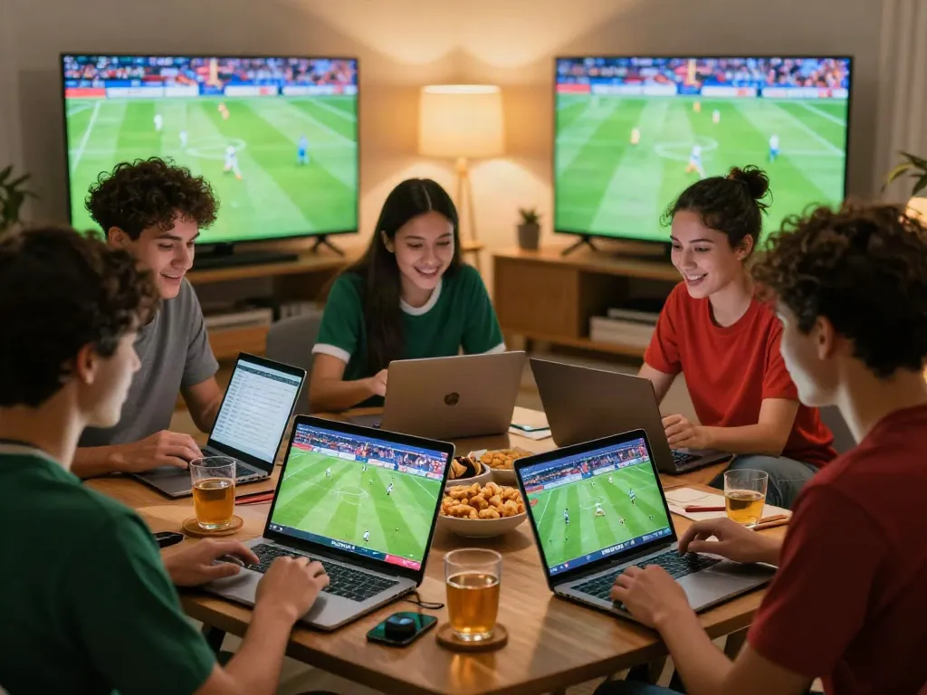 Friends discussing soccer strategies while using WWBOLA for parlay betting in a cozy living room.