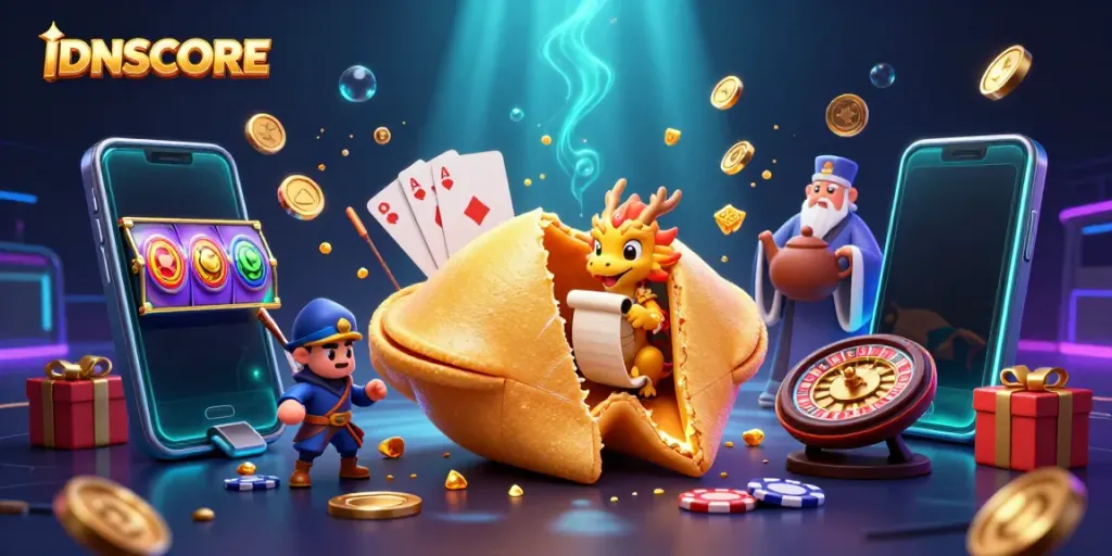 Experience exciting wins at IDNSCORE with golden fortune cookie and vibrant gaming elements.