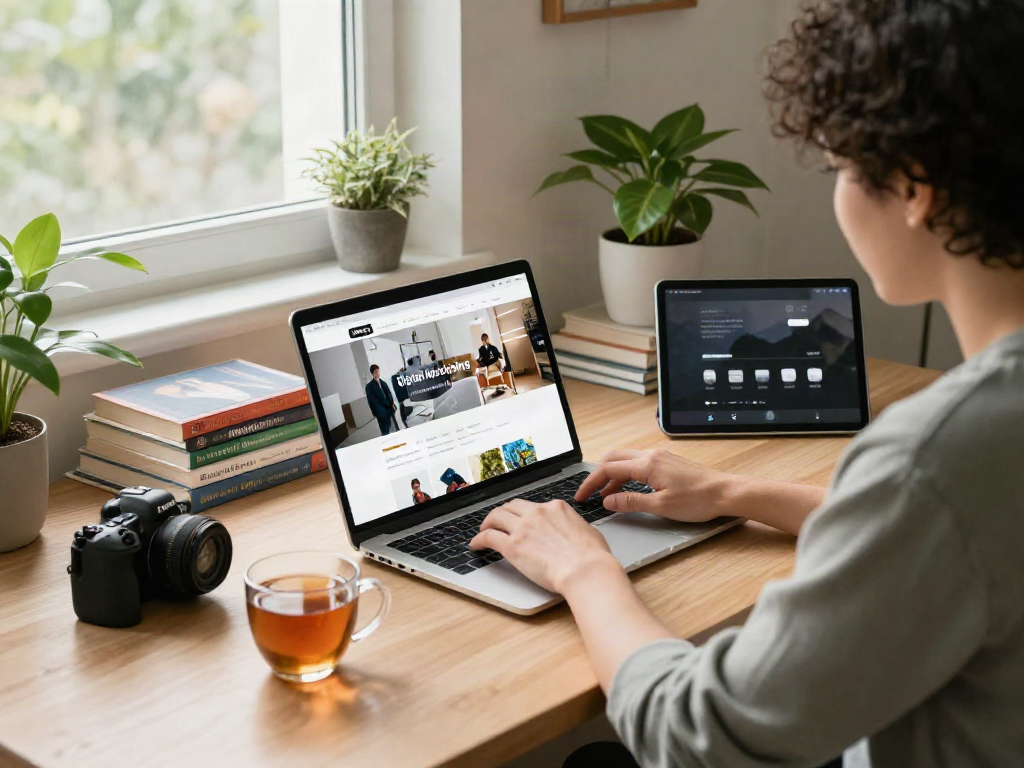 Browse around this website while engaging in a cozy home office setup with multiple devices and warm lighting.
