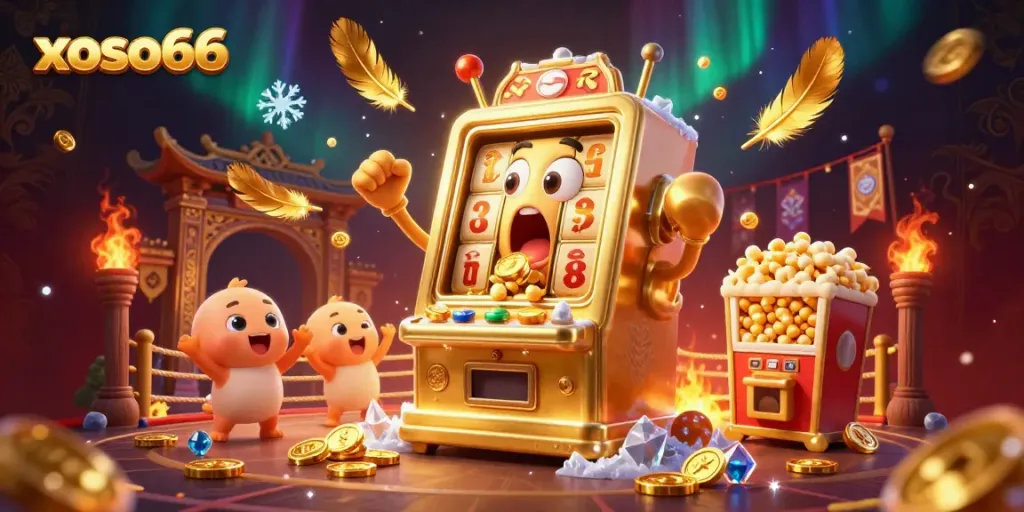 Experience the thrill of xoso66 with a cartoon slot machine celebrating a jackpot, surrounded by cheering characters and gold.