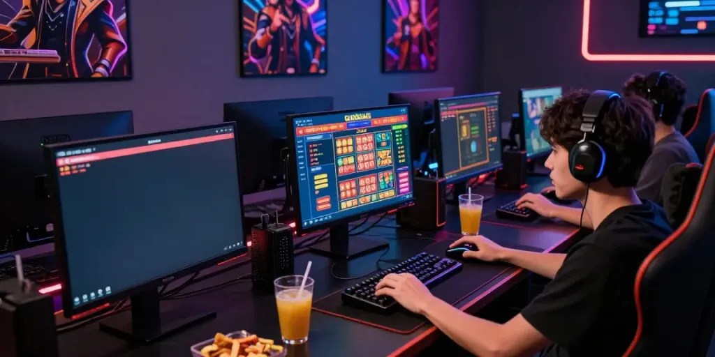 Immersive gaming setup showing player engaged in a lottery game on https://totobet.net/ with vibrant graphics.