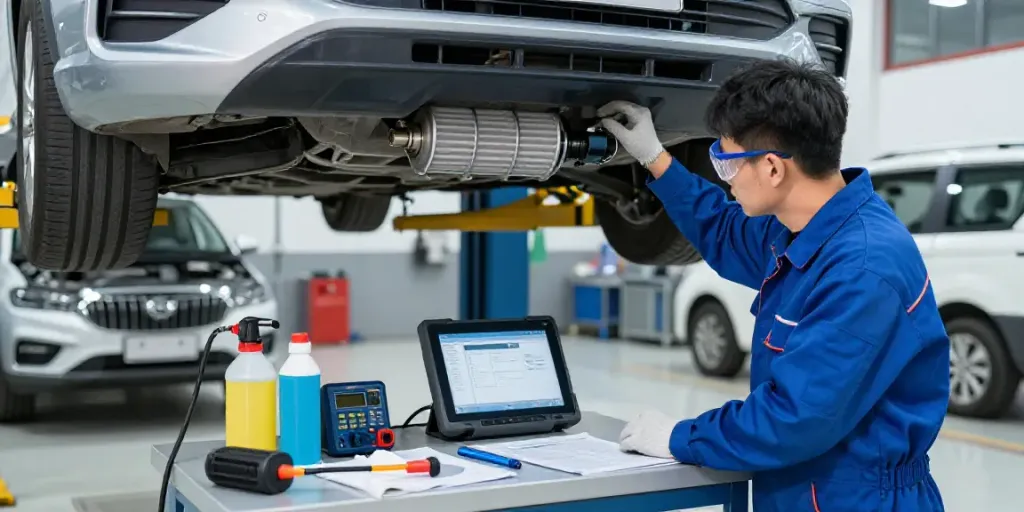 DPF reinigen process in a professional automotive workshop with a technician inspecting a diesel particulate filter.
