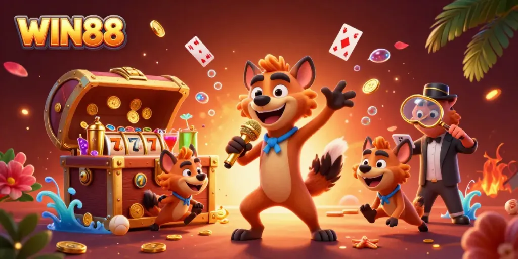 Experience WIN88's vibrant casino scene with cartoon hyenas, slot machines, and tropical elements.