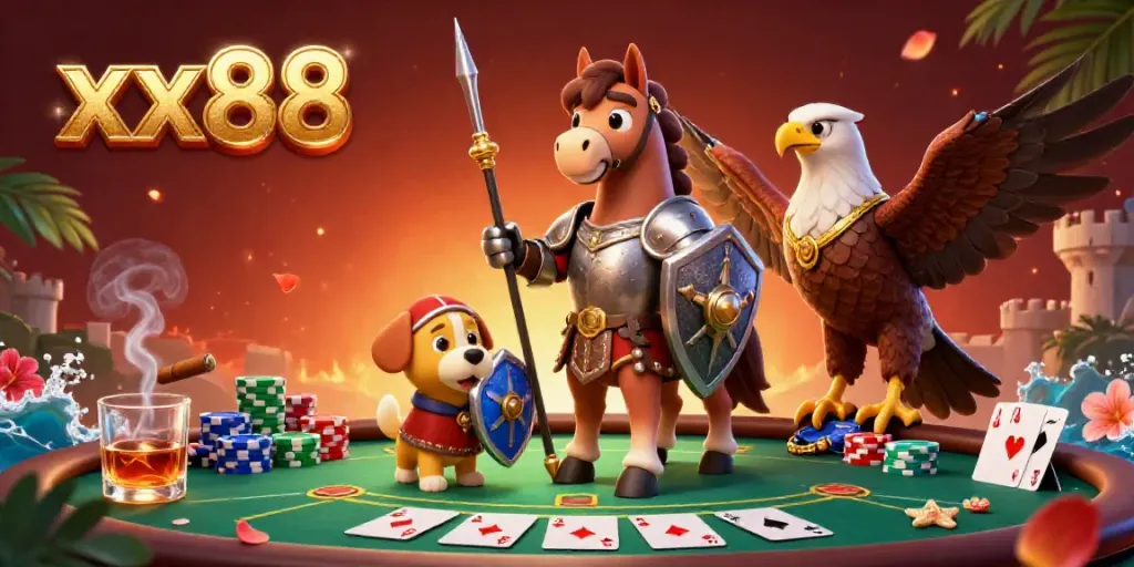 Engage with the exciting world of xx88, featuring a knight, squire puppy, and falcon at a poker table.