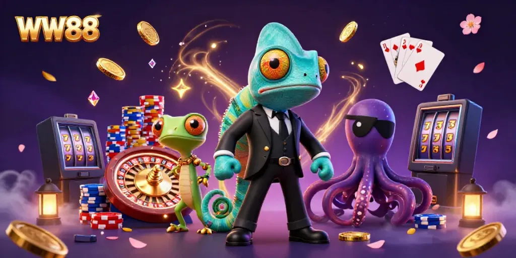 Experience the thrill of WW88 casino gaming with vibrant colors, golden coins, and animated characters.