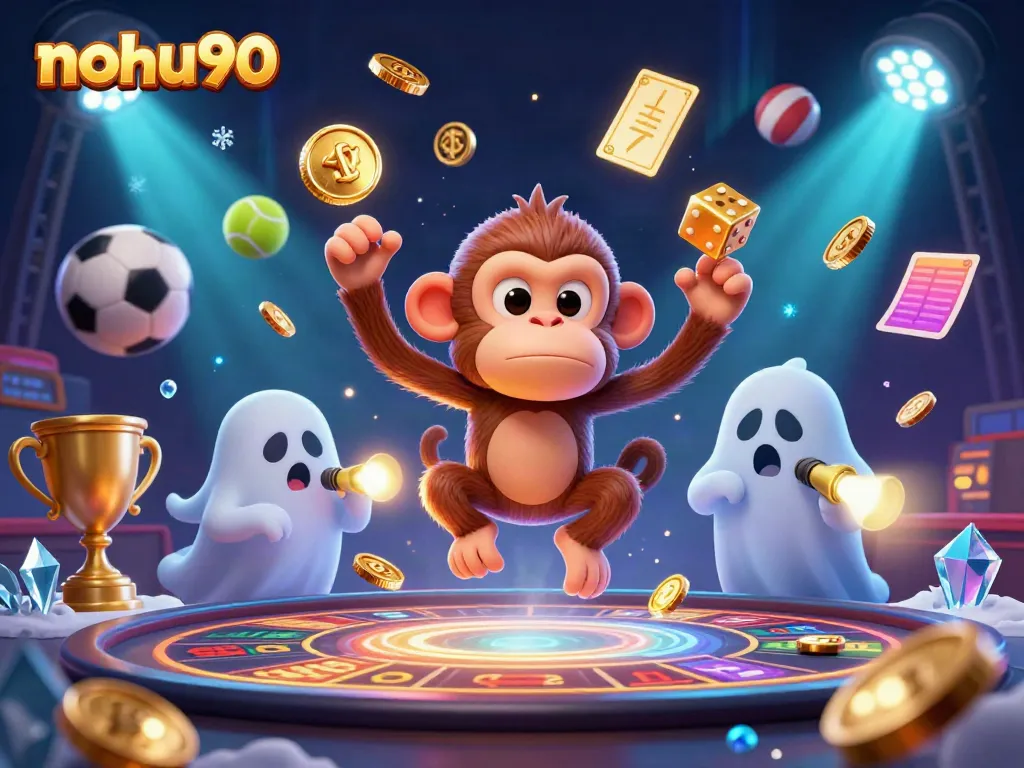 Experience thrilling gameplay at nohu90 with the mischievous monkey and excited puppy in a haunted casino.