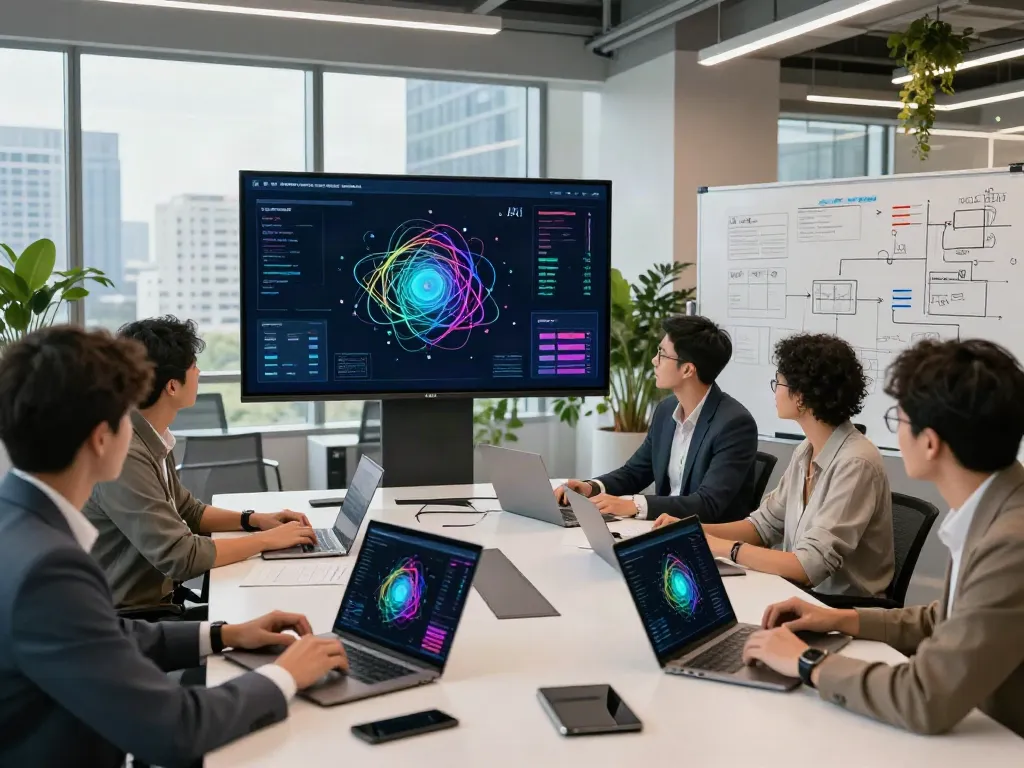 Professionals discussing AI infrastructure development in a modern workspace.