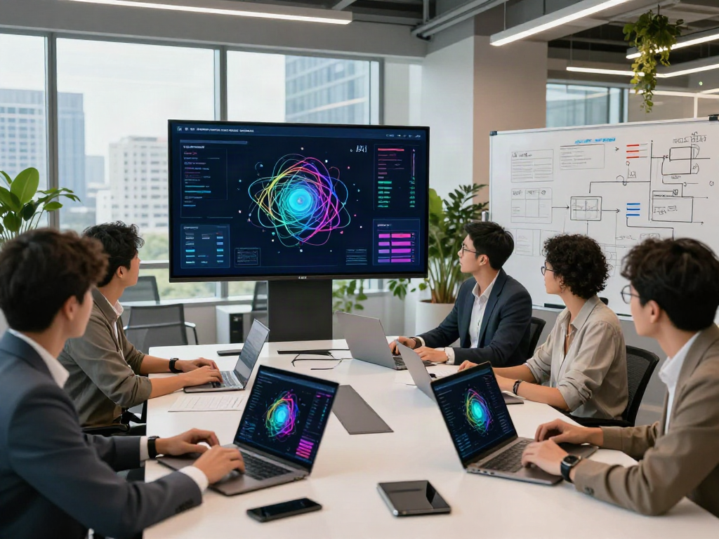 Professionals discussing AI infrastructure development in a modern workspace.
