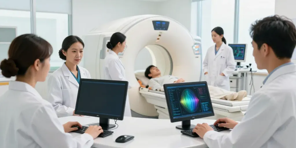 Radiologie Wolfsburg: Modernes Diagnostikzentrum mit Ärzten, die Untersuchungsresultate besprechen.