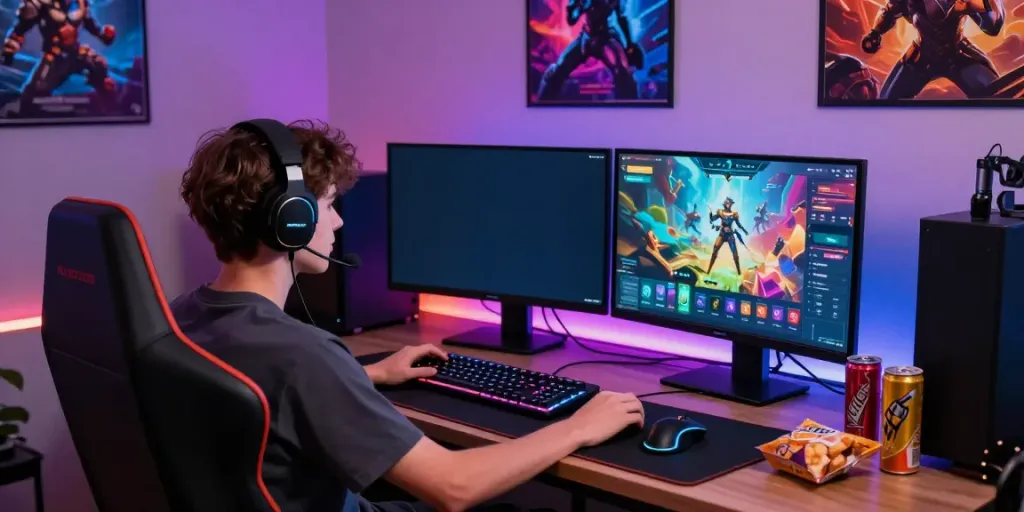 Pengalaman gaming online di OYO288, pemain muda bersemangat dengan headset dan monitor permainan mencolok.