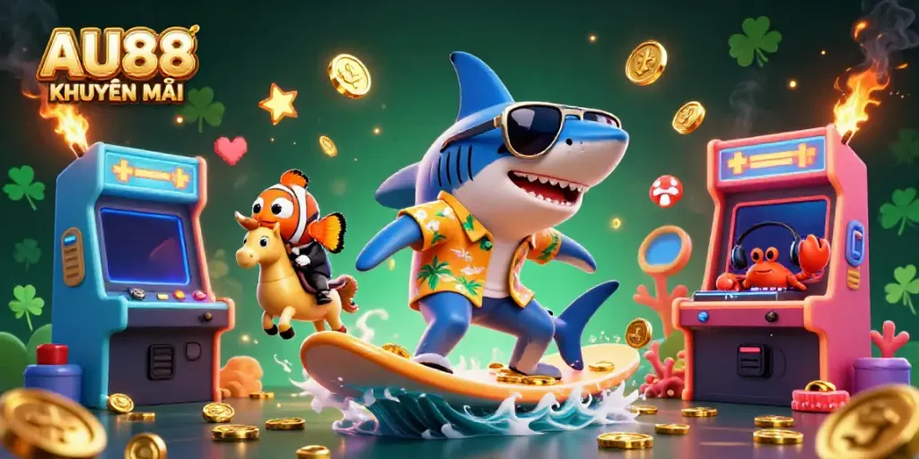 Engage with AU88 KHUYẾN MÃI in this vibrant casino scene featuring a shark, clownfish, and crab DJ.