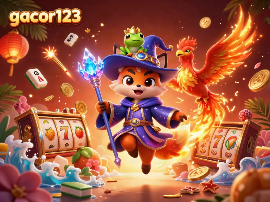 Experience gacor123 with a mystical wizard fox, phoenix, and dynamic slot reels in a vibrant 3D illustration.