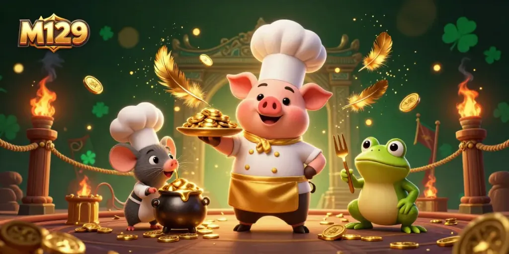 Experience M129's thrilling casino atmosphere with a chef pig serving golden coins surrounded by vibrant gaming elements.