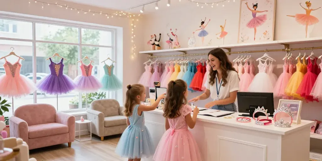 Colorful displays in a tutu store featuring various designs and accessories.