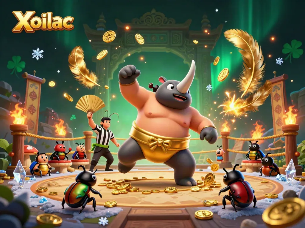 Xoilac depicts a powerful rhinoceros beetle champion amid golden coins, symbolizing exciting gaming action.