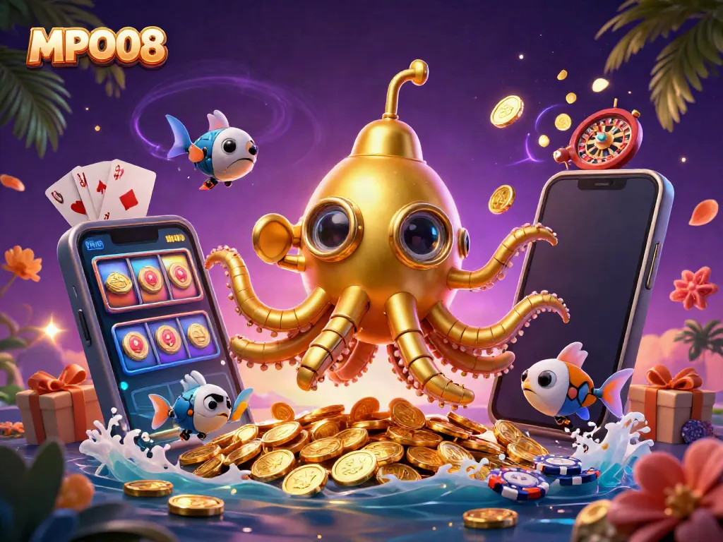 Experience the thrill of MPO08 with a vibrant scene of a golden kraken submarine and slot games.