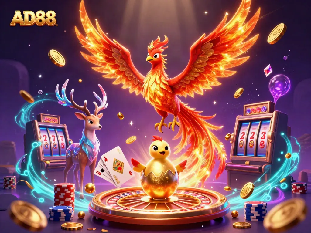 Experience the excitement of AD88 through a vibrant casino scene featuring mystical creatures and game elements.