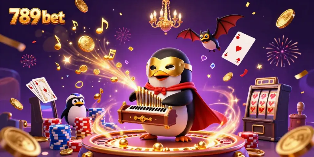 Experience the thrill of 789 bet in an ultra-detailed 3D casino scene featuring a whimsical penguin and dazzling elements.
