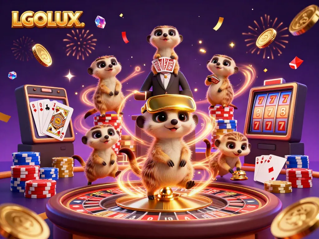 Experience the thrilling casino excitement of LGOLUX with dynamic meerkats in action, showcasing vibrant games and dazzling lights.