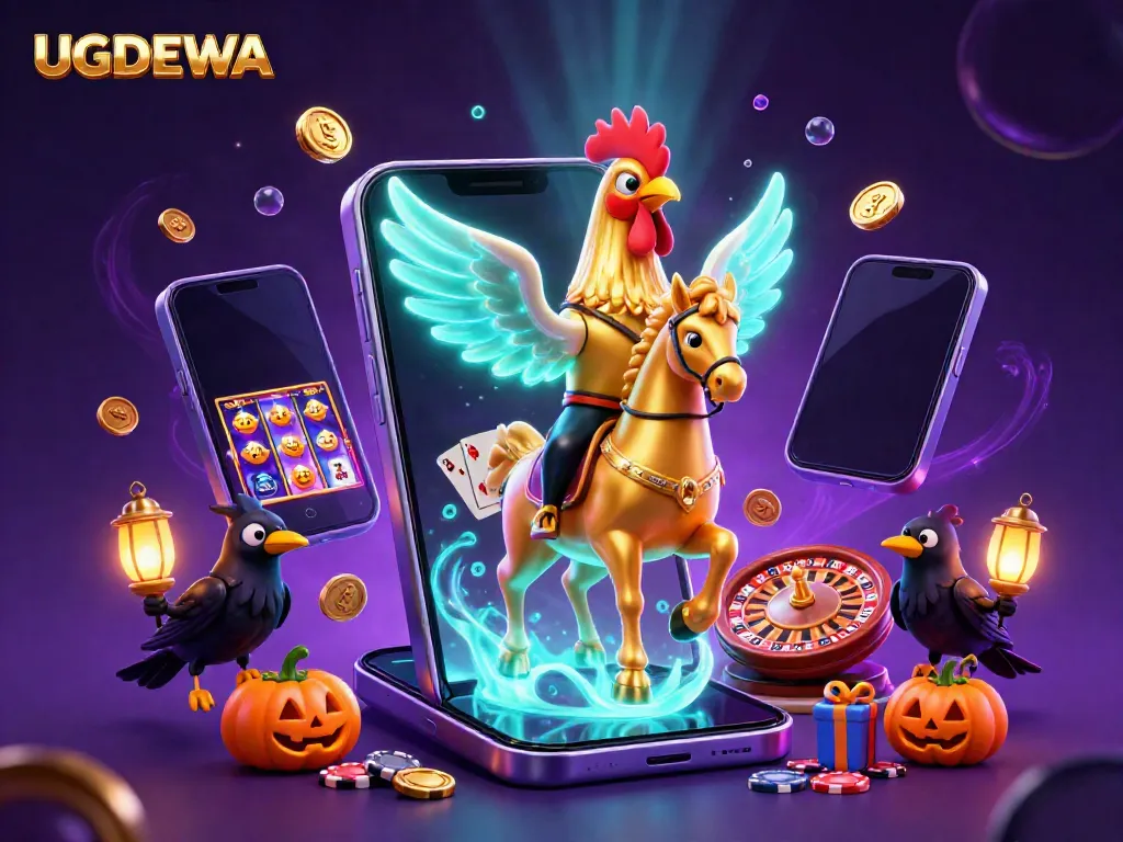 Experience exciting gameplay with UGDEWA as a golden rooster headless horseman rides through a vibrant casino scene.
