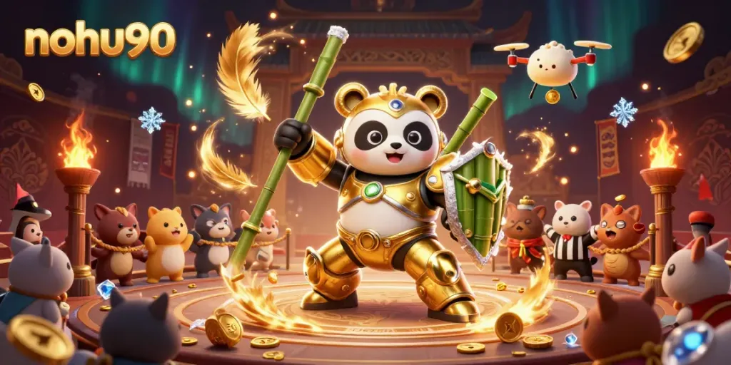 Nohu90 showcases a mech-suit golden panda in an electrifying gambling arena, symbolizing strategy and excitement.
