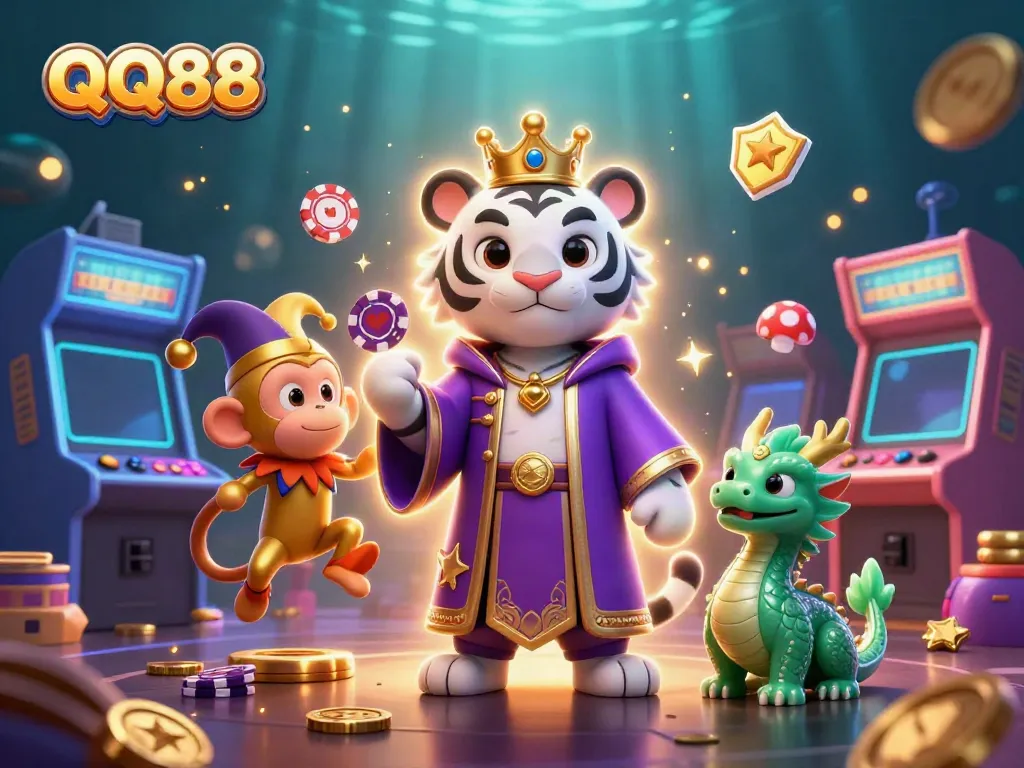 Experience excitement with QQ88's vibrant casino illustration featuring whimsical characters and gaming elements.