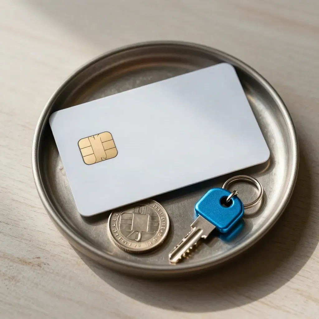 Top-down still life of a chip card, security key ring, and brushed tray on pale wood.