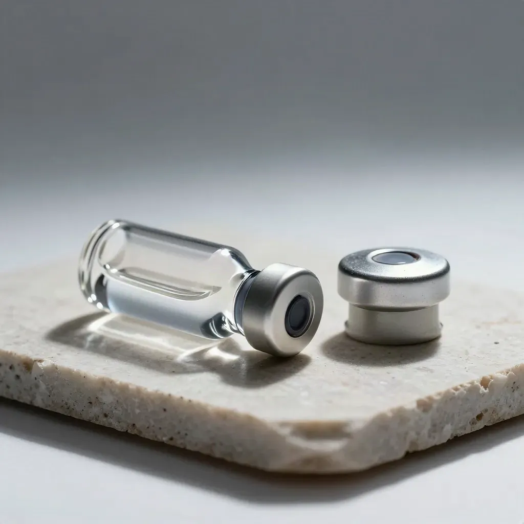 Clear specimen vial, silicone stopper, and stainless cap on pale stone in dramatic lab light.