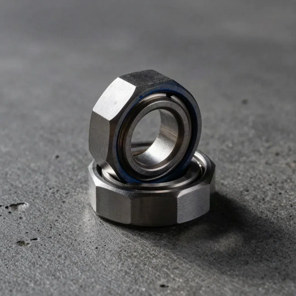Top-down macro of metal parts on dark concrete with precise light and navy accent.