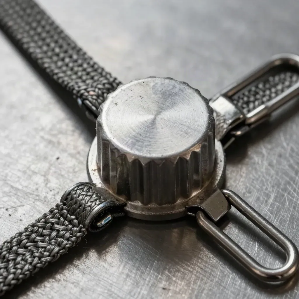 Macro of a cargo tamper seal, braided tie, and locking clip on brushed steel.