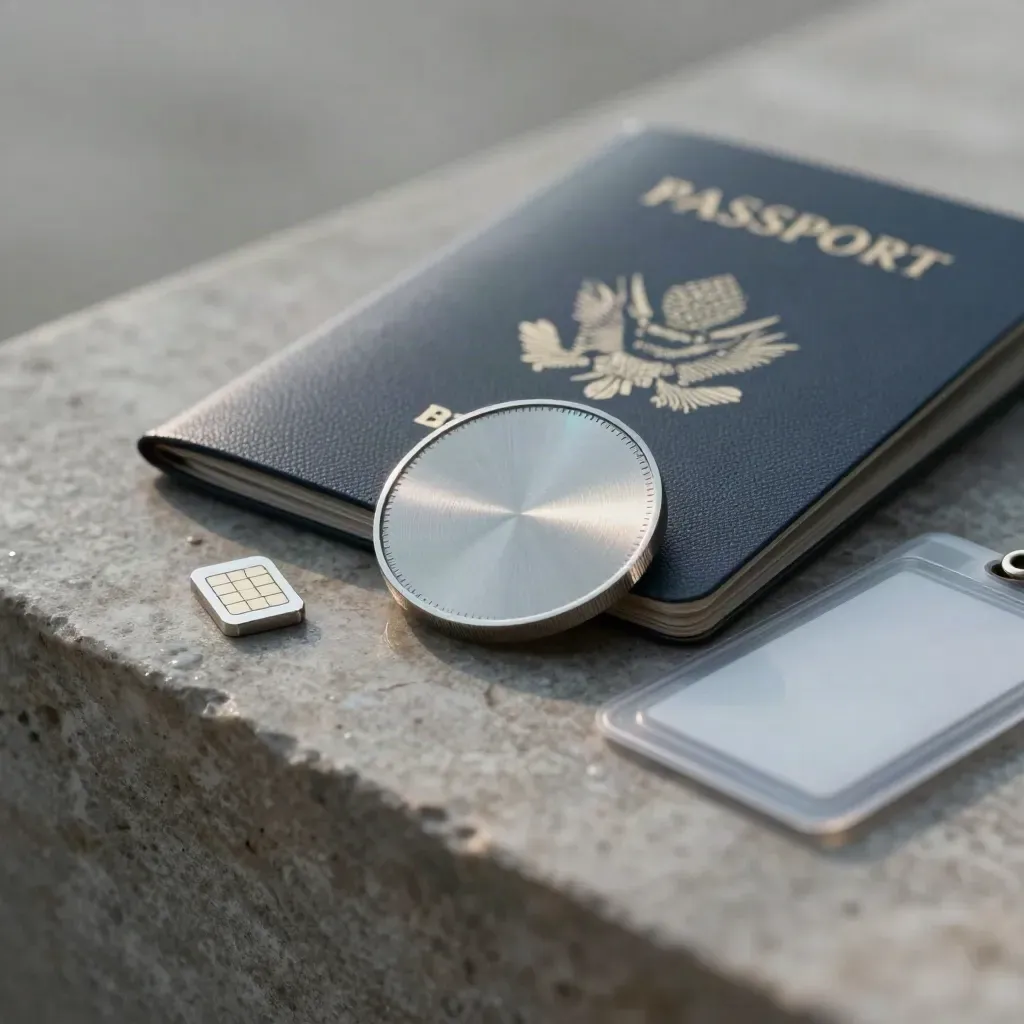 Verification token with passport cover, SIM tray, and badge sleeve on rain-darkened stone.
