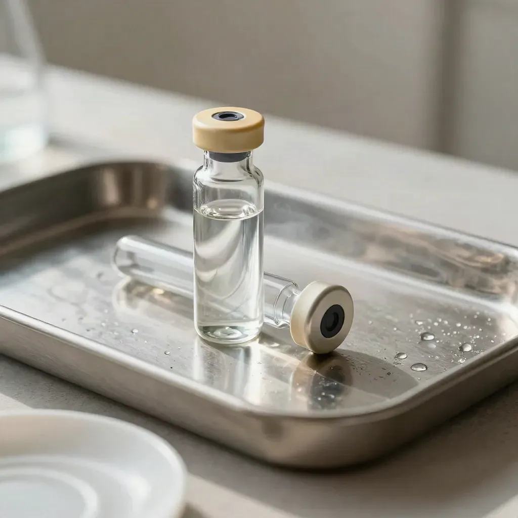 Macro still life of a sealed ampoule, sample tube and stainless tray on pale stone.