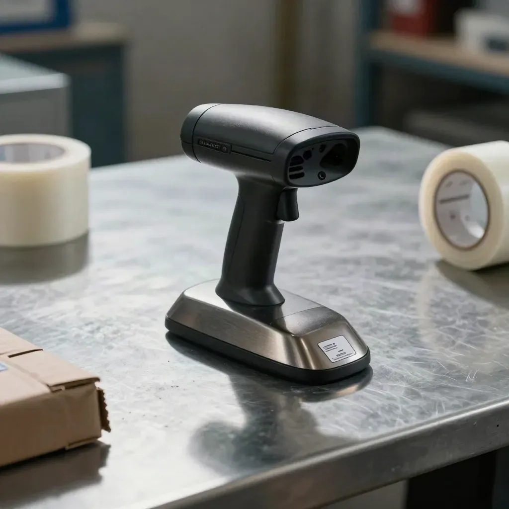 Barcode scanner cradle beside tamper tag and tape roll on brushed metal